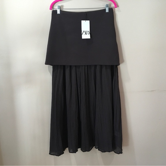 ZARA HIGH-WAIST COMBINED PLEATED KNIT SKIRT Brown 4192/016 New women L - Picture 8 of 8